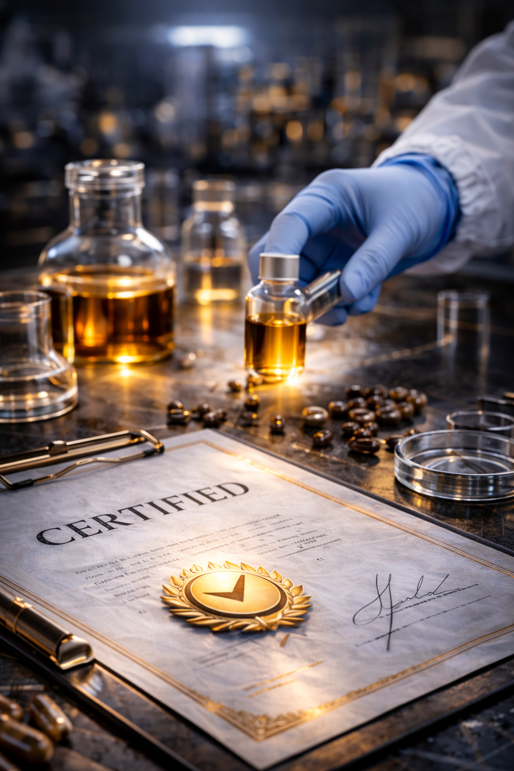 Illustrative laboratory scene with a gloved hand and sample vials